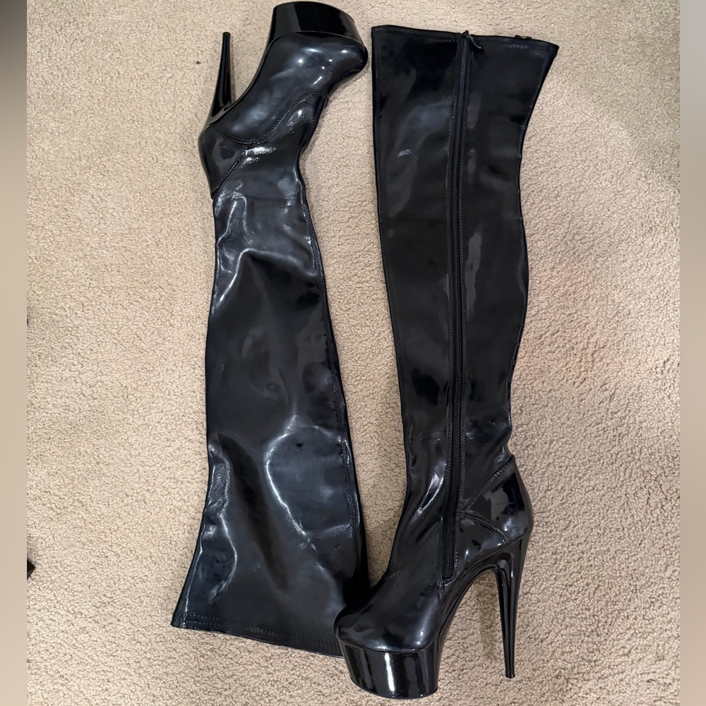 Elle Glossy Patent Black Over the Knee Boots - Picture 4 of 13